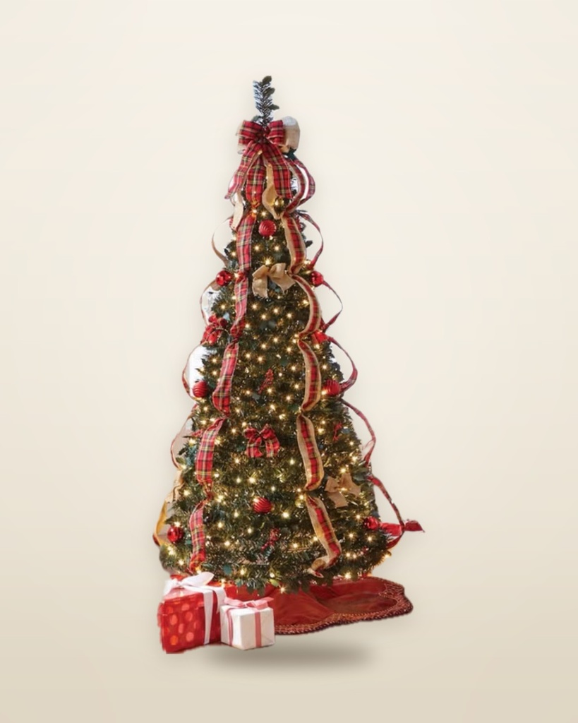 Red Plaid Ribbon Pop-Up Christmas Tree, 6 ft