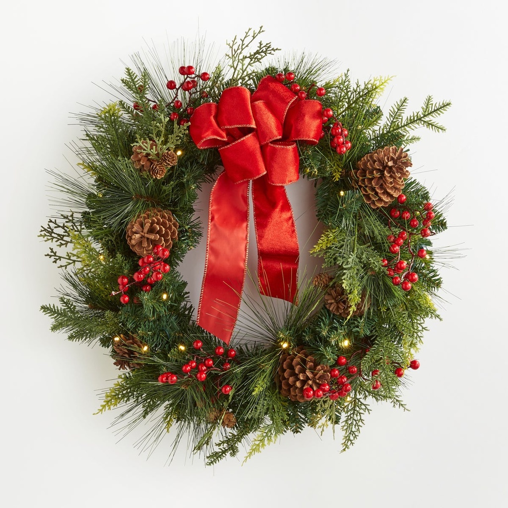 Pre-Lit Classic Christmas Wreath, Pinecones and Berries
