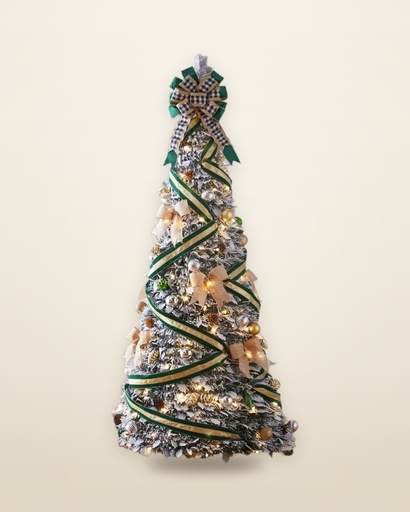 Snowy Flocked Pop-Up Christmas Tree, Green & Gold Ribbon, 6 ft