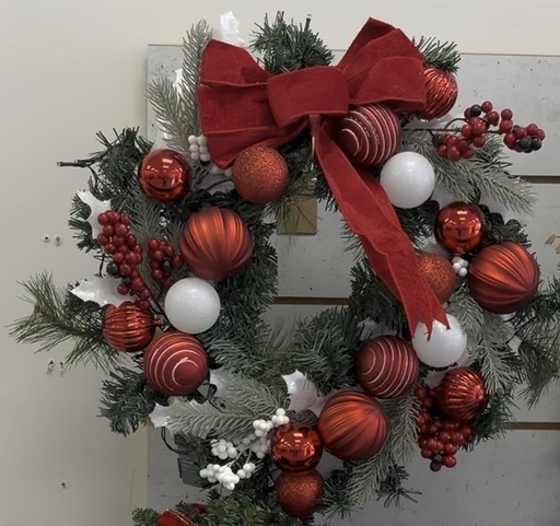 Red & White Ornament Wreath with Red Velvet Bow